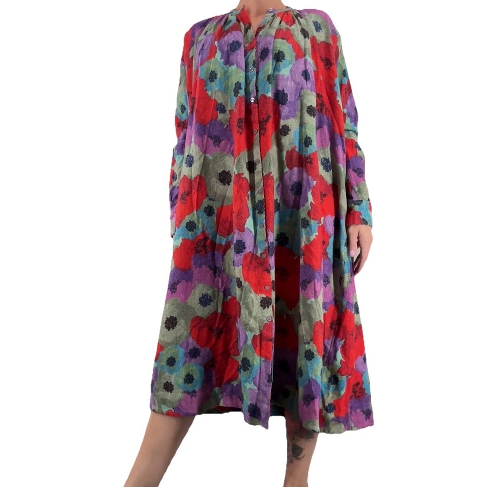 Péro Artisan Handmade Wool Dress M Lagenlook Oversized Floral Midi Button Front